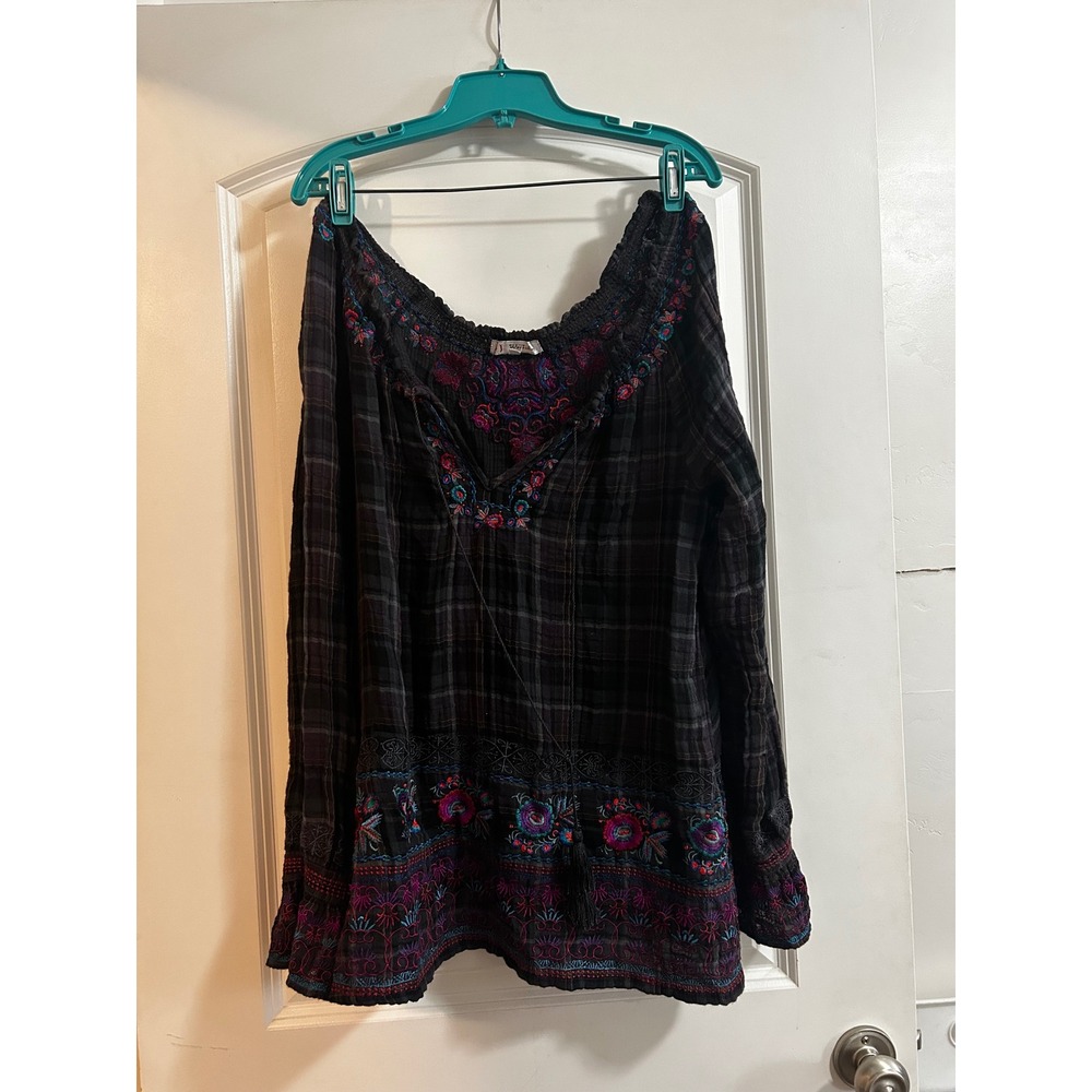 3J Workshop Johnny Was Plaid Embroidered Boho Peasant Blouse Tassels Gray M - Picture 2 of 10